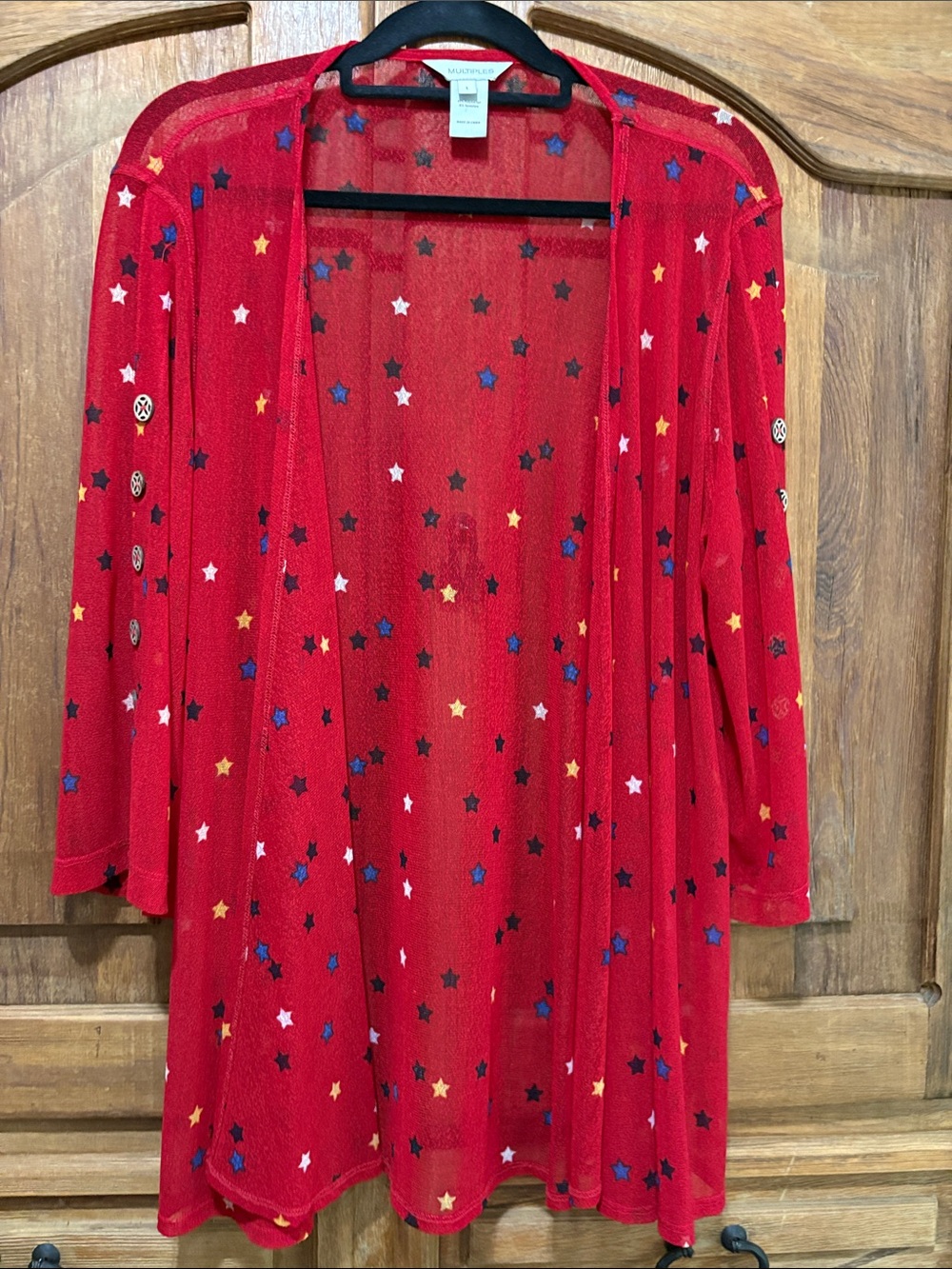 Multiples Red Star-Print Mesh Open Cape
